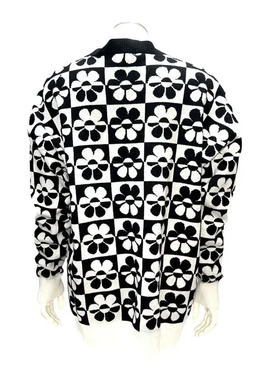 Forever 21 Small Black White Cardigan Floral Checker Knit Retro Preppy Daisy Mod - Picture 4 of 10